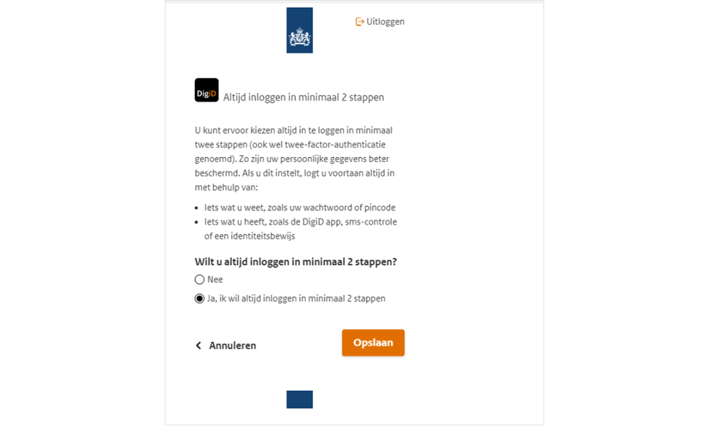 Figuur 13: Wijzigen 'Altijd inloggen in 2 stappen'