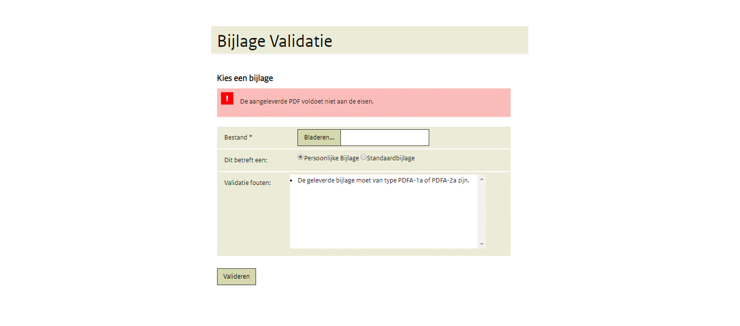 Afbeelding: voorbeeld bijlage validatie voldoet niet