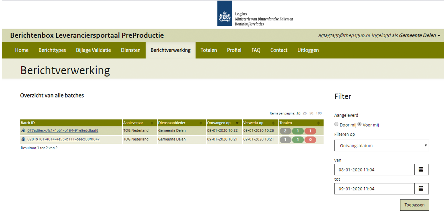 Voorbeeld screenshot resultaat van stap 7 – Resultaten Leveranciersportaal