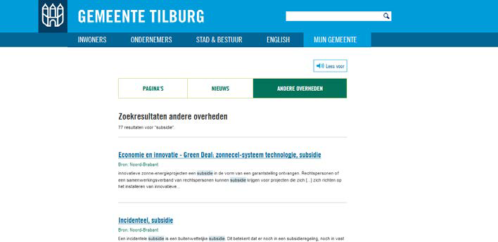 Deze schermafdruk toont de zoekresultaten voor de zoekterm 'subsidie' op de website van de gemeente Tilburg. De resultaten zijn verdeeld over drie tabbladen: (lokale) pagina's, nieuws en 'andere overheden'. Dat laatste tabblad is geselecteerd en toont 77 producten/diensten van andere overheden waaronder de provincie Noord-Brabant, de waterschappen De Dommel en Brabantse Delta en de Rijksoverheid.