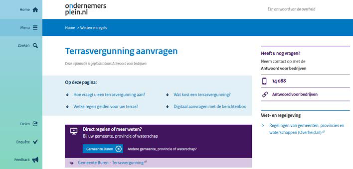 Op deze pagina van het Digitaal Ondernemersplein wordt algemene informatie gepresenteerd over het aanvragen van een terrasvergunning. Daarbij is er tevens de mogelijkheid om 'door te klikken' naar de pagina over de terrasvergunning bij een gemeente; in dit geval is ter illustratie de gemeentenaam 'Buren' ingetypt en worden een link naar de pagina 'terrasvergunning' op de website van de gemeente Buren getoond.