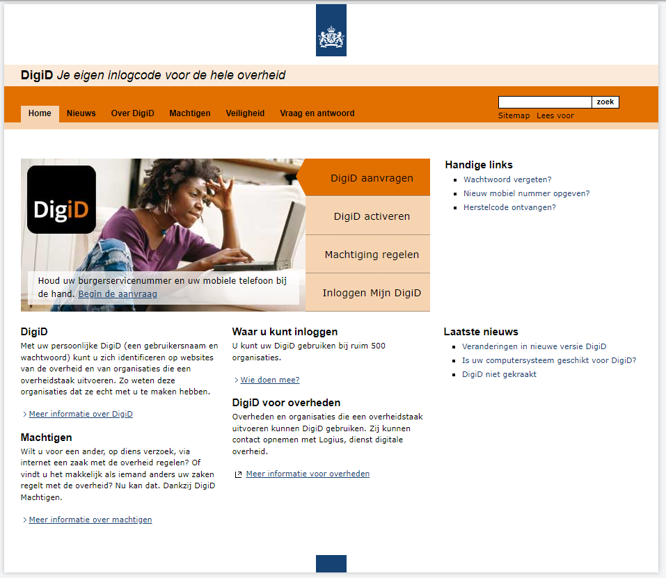 De website van DigiD in 2012