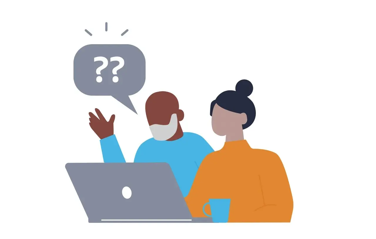 Een illustratie van een man en vrouw achter een laptop